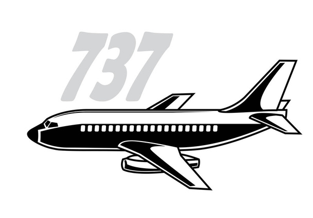 Boeing 737-es. Stilizált rajz egy régi utasszállító repülőgépről. Elszigetelt kép nyomtatásokhoz, plakátokhoz és illusztrációkhoz. - Vektor, kép