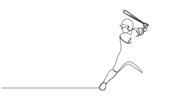animált folyamatos egysoros rajz baseball játékos lengő denevér, line art animáció - Felvétel, videó