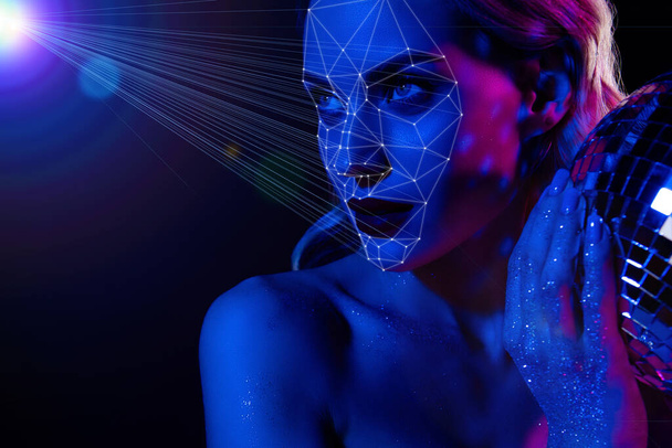 Creatieve 3D cyberpunk collage van innovatieve vip discotheek toegang met behulp van biometrische herkenning. - Foto, afbeelding