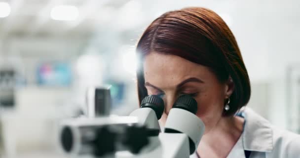 Γυναίκα, επιστήμονας και ιατροδικαστική με μικροσκόπιο για την επιστήμη, μικροβιολογία ή την έρευνα στο εργαστήριο. Κλείσιμο του προσώπου ή του ερευνητή που αναζητά πεδίο ή φακό για επιστημονική ανακάλυψη ή ανακάλυψη. - Πλάνα, βίντεο