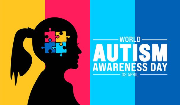 2 April world Autism awareness day girl child head with colorful puzzle piece banner design template. use to background, banner, placard, card, and poster design template with text inscription - Vector, Image
