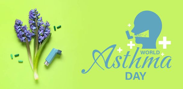 Banner voor Wereld Astma Dag met bloemen en drugs - Foto, afbeelding