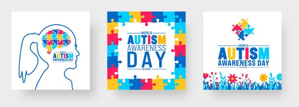 2 April world Autism Awareness Day social media post banner design set. Autism Awareness Day banner bundle with puzzle piece, child hand, awareness ribbon, love icon, child girl and boy vector design. - Vector, Image
