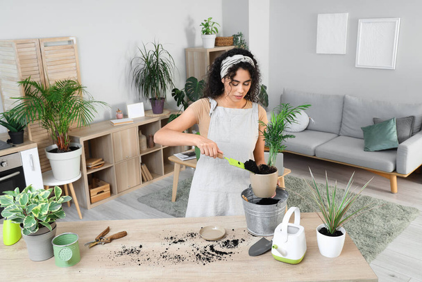 Femme jardinier afro-américain mettre de la terre fraîche dans le pot de plantes à la maison - Photo, image