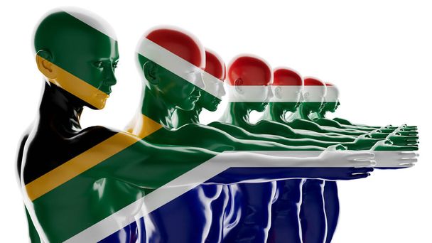 Řetězec siluet postav zdobených zářivými barvami jihoafrické vlajky, symbolizující jednotu. - Fotografie, Obrázek