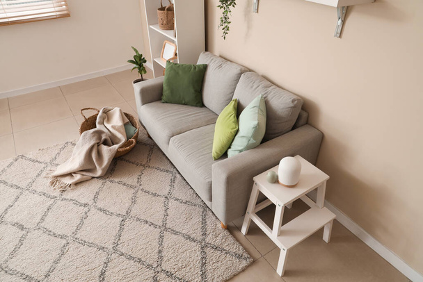 Μοντέρνο εσωτερικό άνετο σαλόνι με άνετο καναπέ, χαλί και ραφιέρα - Φωτογραφία, εικόνα