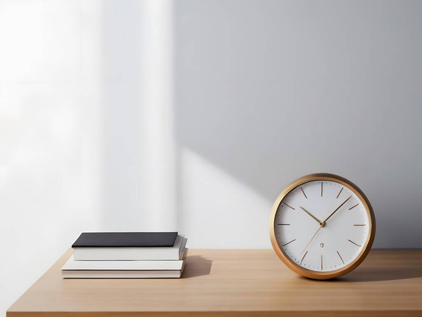 Une horloge de bureau unique dans un contexte minimaliste avec de l'espace pour le texte. Présentez le design intemporel et la précision de l'horloge pour un environnement de bureau sophistiqué. - Photo, image