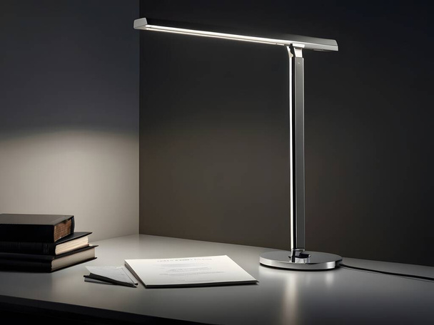 Showcase the luminescence of a single desk lamp against a simple background with space for additional text. Highlight the modern design and adjustable features of the lamp for optimal workspace illumination. - Photo, Image