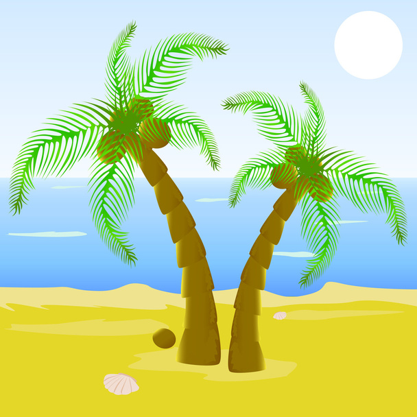 Gyönyörű tengerpart a pálmafa rajzfilm - Vektor, kép