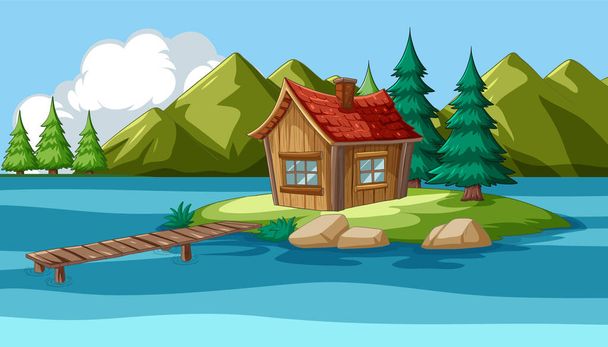 Small wooden cabin on an island with a pier - Vector, Image