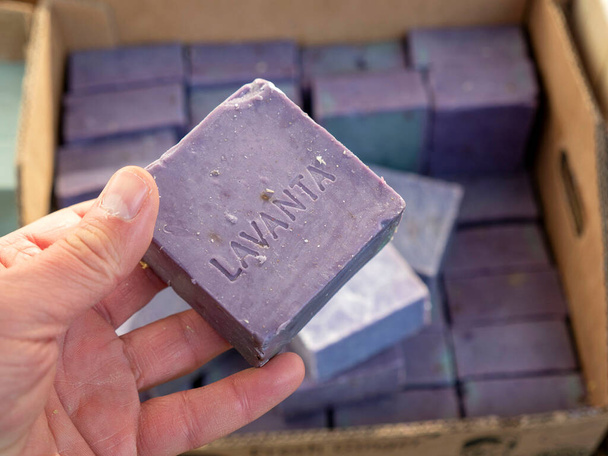 handmade natural soap, close-up natural soap molds with lavender, - Photo, Image