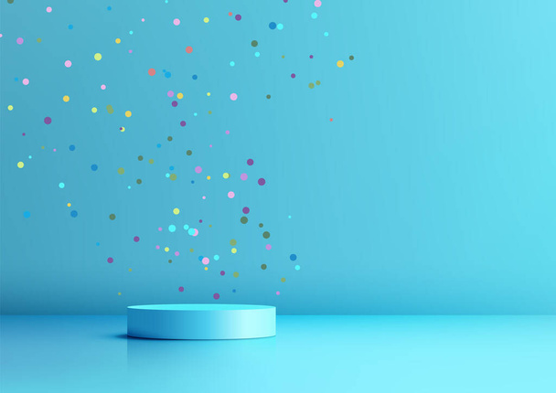 3D podio azul bañado en coloridos confeti sobre un fondo azul, ceremonia de entrega de premios cobcept. Ilustración vectorial - Vector, Imagen