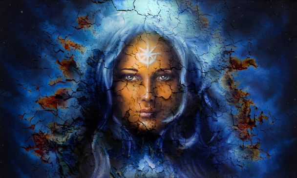 Mystic face women, with structure crackle background effect, with star on forehead, collage. eye contact - Photo, Image