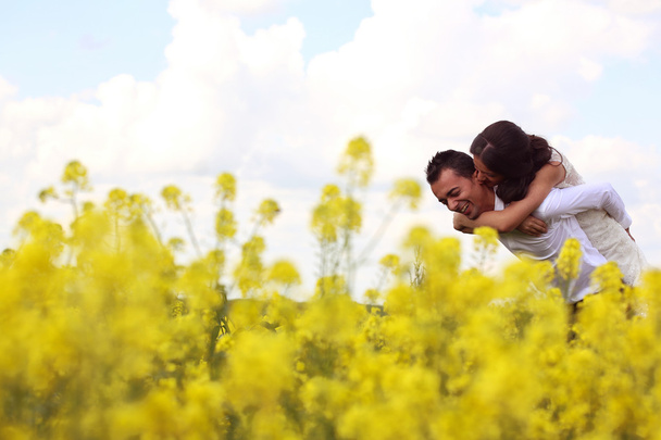 Bride and groom posing in the fields - Zdjęcie, obraz