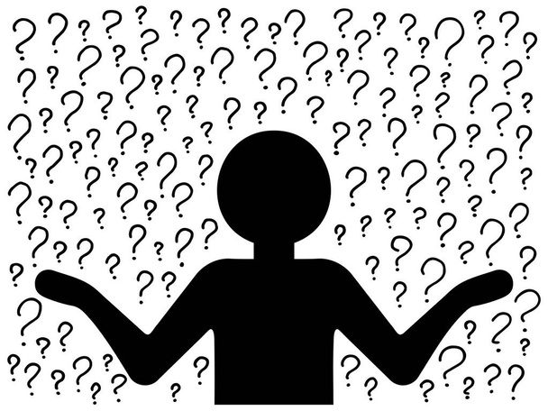Confused Person silhouette thinking in a thoughtful pose on background of a pattern of hand-drawn question marks. Choice, problem solving concept. Vector people character illustration in line style - Vector, Image