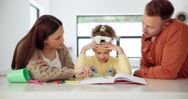 Homework, stress and girl with parents, notebook and learning with knowledge or education in lounge. Family, mother or father with daughter, advice or kid with studying or child development with help. - Footage, Video