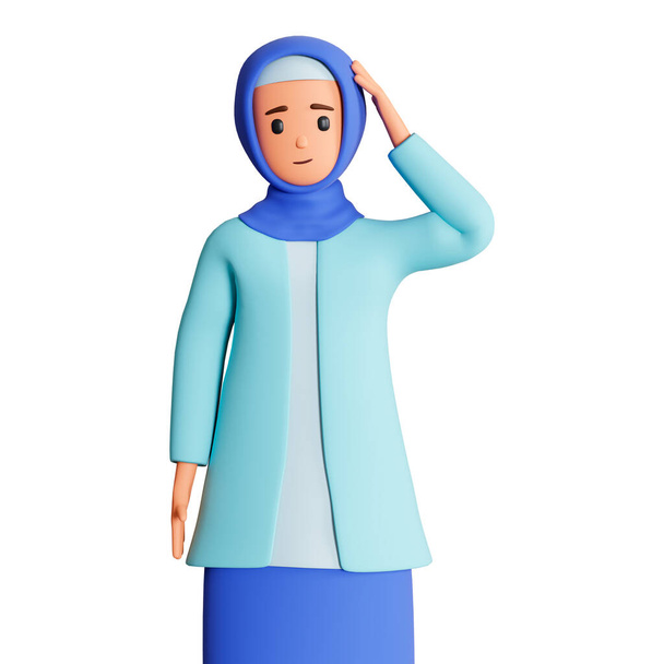Μπερδεμένη μπερδεμένη μουσουλμάνα γυναίκα κρατά το κεφάλι της με το ένα χέρι 3d εικόνα - Φωτογραφία, εικόνα