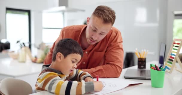 Father, child and writing with book for drawing homework, artistic project or pattern at home. Dad helping young boy, son or little kid with notebook, artwork or childhood development at house. - Footage, Video