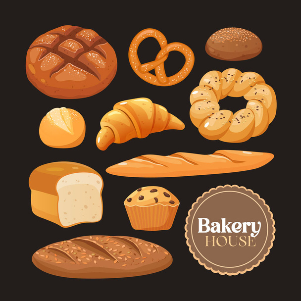 Panadería con pan fresco, bollos, baguette francesa, croissant, magdalena y diferentes pasteles.  - Vector, imagen