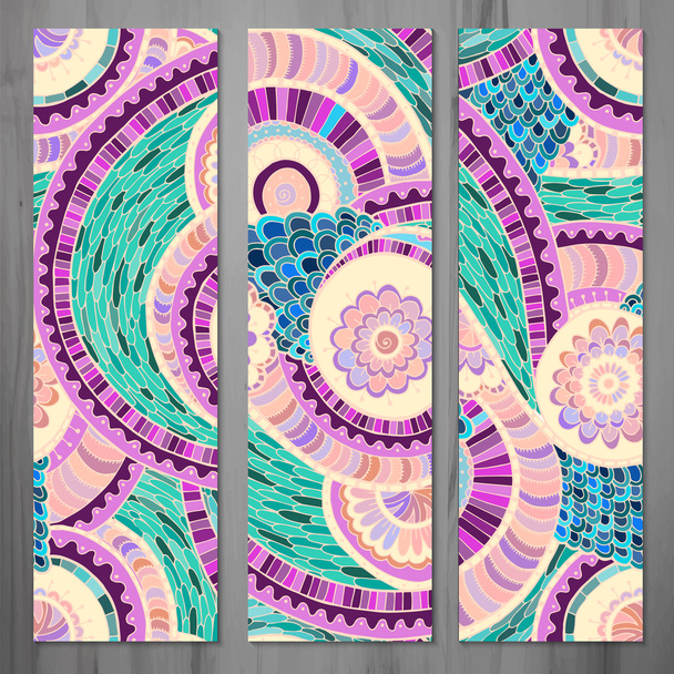 Set of three abstract ethnic doodle vector cards. - Вектор,изображение