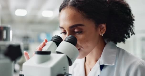 Woman, scientist and forensic exam with microscope for science, microbiology or discovery at lab. Closeup of female person or researcher looking in scope or lens for scientific breakthrough or test. - Footage, Video