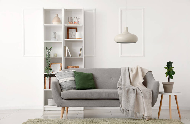 Light interior of living room with sofa and shelving unit - Photo, Image