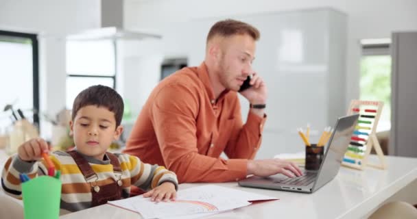 Phone call, homework and father working with child in kitchen at family home for remote job. Laptop, drawing and dad on mobile conversation with cellphone for project with boy kid modern house - Footage, Video
