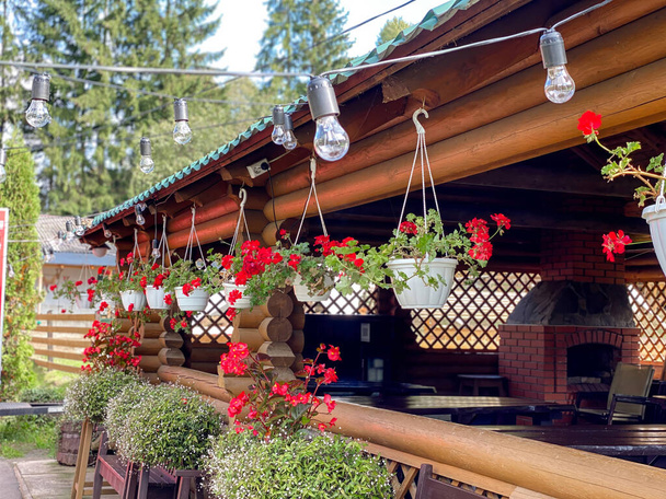 Coloridas flores rojas en macetas colgantes adornan una cabaña de madera rústica. Adecuado para vivir en el campo o arreglos florales. - Foto, Imagen