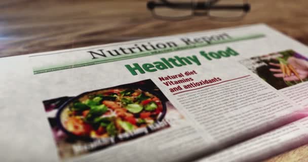 Υγιεινά τρόφιμα και φυσική διατροφή καθημερινή εφημερίδα στο τραπέζι. Τίτλοι ειδήσεων αφηρημένη έννοια 3d. - Πλάνα, βίντεο