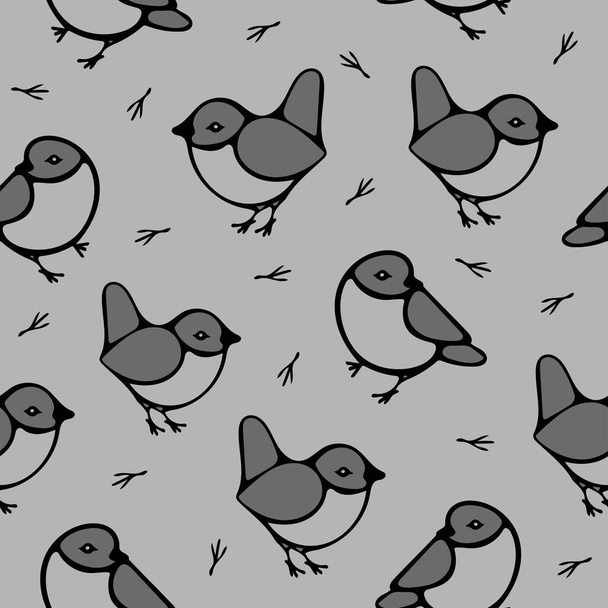 Seamless vector pattern with tomtit on grey background. Simple cute bird wallpaper design. Decorative sparrow fashion textile. - Vector, Image