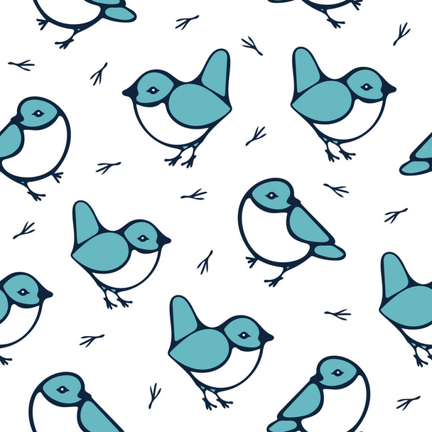 Bezproblémový vektorový vzor s tomtit pták na bílém pozadí. Jednoduchý roztomilý bluebird tapety design, dekorativní zvířecí módní textil. - Vektor, obrázek