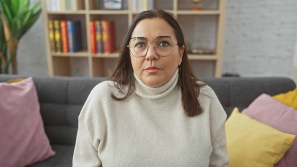 Uma mulher pensativa de meia-idade usando óculos se senta em uma acolhedora sala de estar com travesseiros coloridos e uma estante de livros. - Foto, Imagem