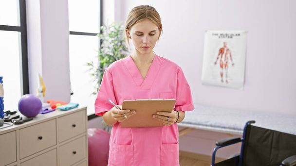 明るいリハビリクリニックの診療室でクリップボードを保持するピンクの医療スクラブを身に着けている焦点を当てた白人女性. - 写真・画像
