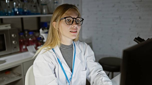 Silmälasipäinen blondi nainen työskentelee tarkkaavaisesti laboratoriossa tieteellisten laitteiden ympäröimänä.. - Valokuva, kuva