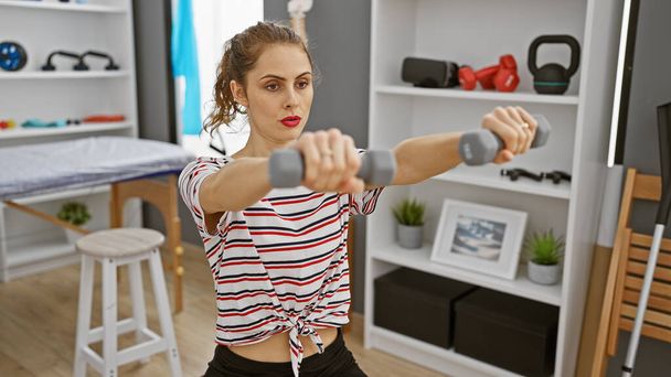 Een gefocuste jonge vrouw traint met halters in een goed uitgeruste, moderne home gym, portretteert vastberadenheid en een gezonde levensstijl. - Foto, afbeelding