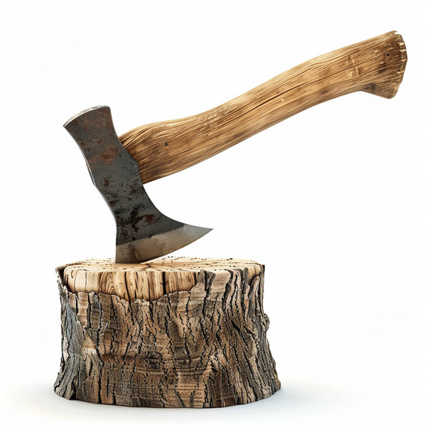 Ax stuck in a wood log isolated on a white background - Photo, Image