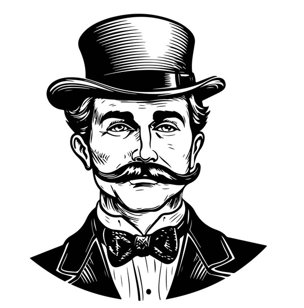 Retrato de caballero con bigote en el sombrero de copa ilustración de vectores de grabado. Diseño de estampado de ropa de camiseta. Scratch board imitación. Imagen dibujada a mano en blanco y negro. - Vector, Imagen
