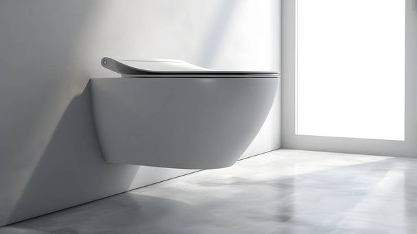 Biała toaleta w nowoczesnym wnętrzu łazienki z białymi ścianami - Zdjęcie, obraz