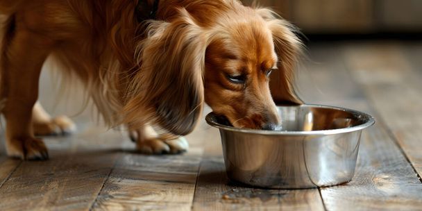 Dachshund köpeği ahşap zemindeki bir kaseden su içiyor. - Fotoğraf, Görsel