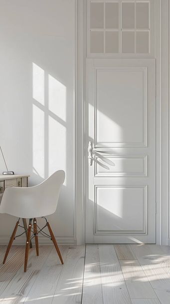 Interior de la moderna sala de estar con paredes blancas, suelo de madera y - Foto, imagen