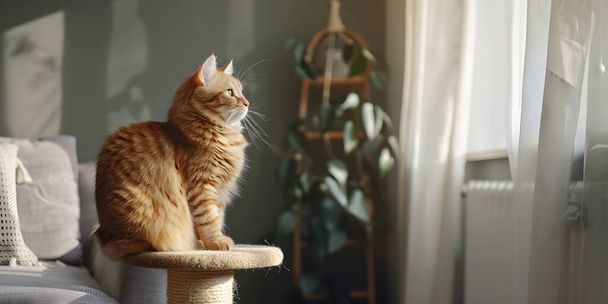Cute ginger cat sitting on chair in living room. Fluffy pet - Photo, Image