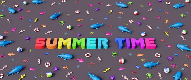 Colorido texto de verano con accesorios de playa sobre fondo gris. Concepto creativo de vacaciones de verano 3D Render Ilustración 3D - Foto, imagen