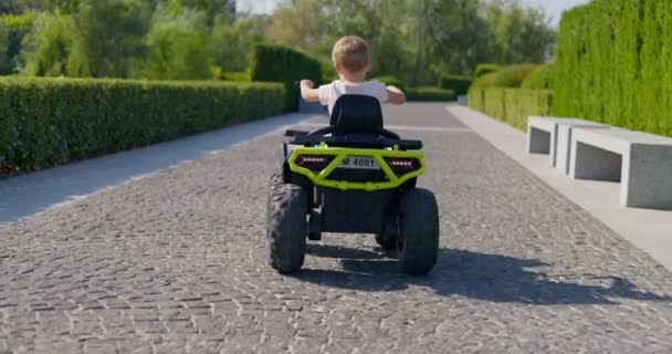 Вид ззаду на маленьку дитину, яка насолоджується поїздкою в іграшковому електричному автомобілі на сонячному парковому шляху. Високоякісні 4k кадри - Кадри, відео