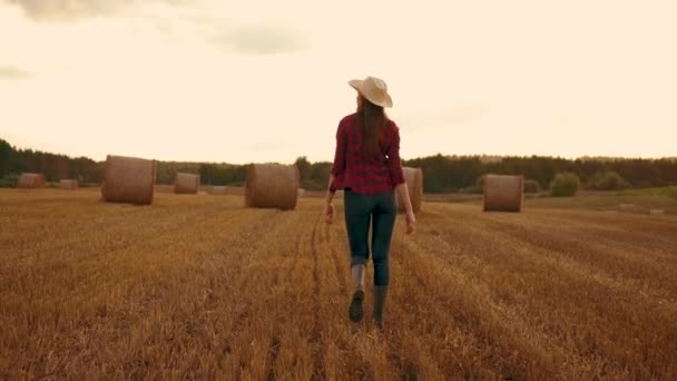 Female farmer in rubber boots walks through rural landscape, finding relaxation outdoors. Agriculture concept. Farmer in rubber boots in harvested wheat field - Footage, Video