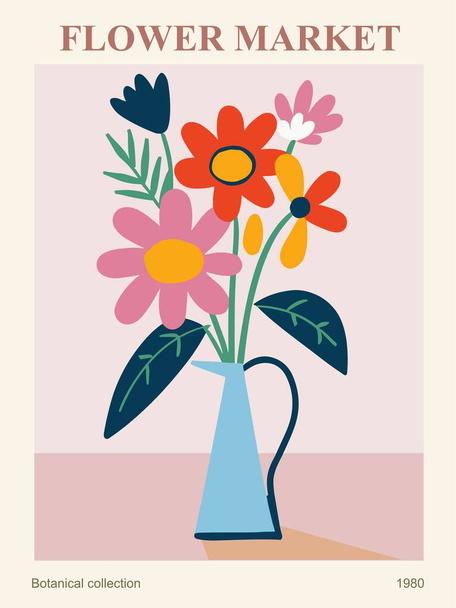 Abstract poster van de bloemenmarkt. Trendy botanische muurkunst met bloemen in Deense pastelkleuren. Moderne naïeve groovy funky decoratie, schilderen. Vector kleurrijke illustratie. - Vector, afbeelding