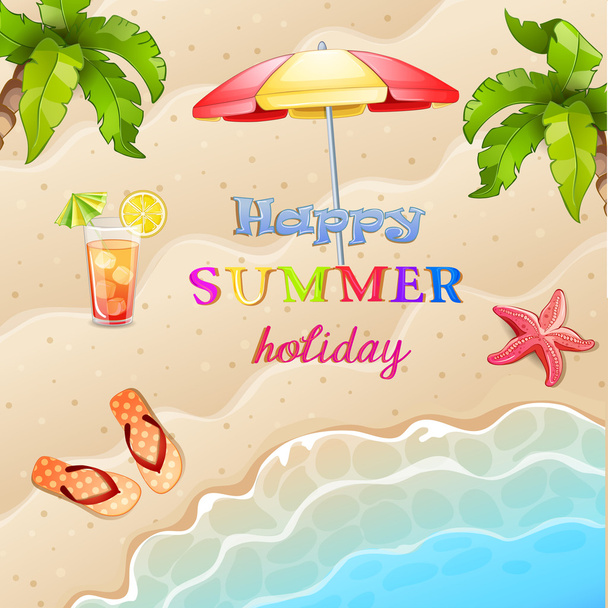 Summer  illustration with starfish, beach umbrella and palm tree. - Vektori, kuva