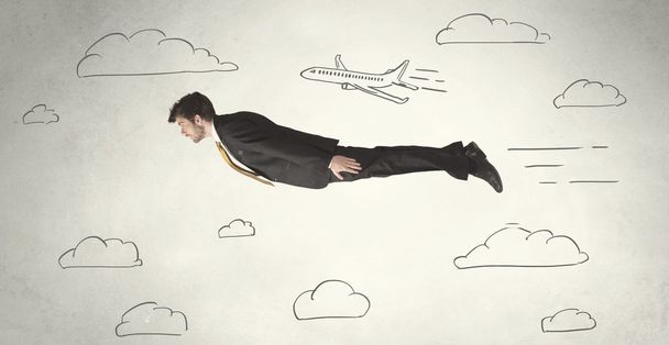 Fröhlicher Geschäftsmann fliegt zwischen handgezeichneten Wolken am Himmel - Foto, Bild