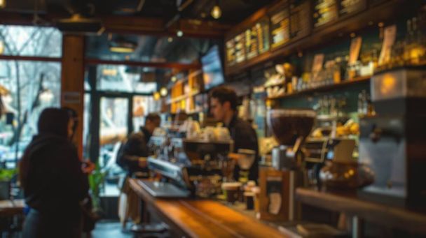 Blurred background of a busy coffee shop with patrons enjoying their drinks and baristas crafting coffee, creating a lively community space. Resplendent. - Photo, Image