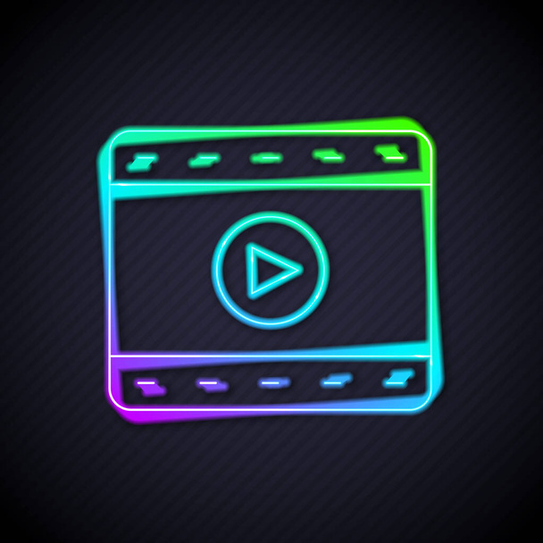 Glowing neon line Play Video icon isolated on black background. Film strip sign.  Vector. - Vector, Image