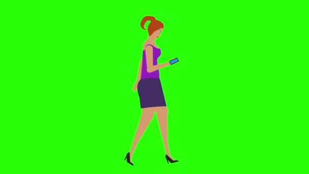 Vrouwen lopen en kijken in de telefoon animatie, chroma toets, naadloze lus - Video